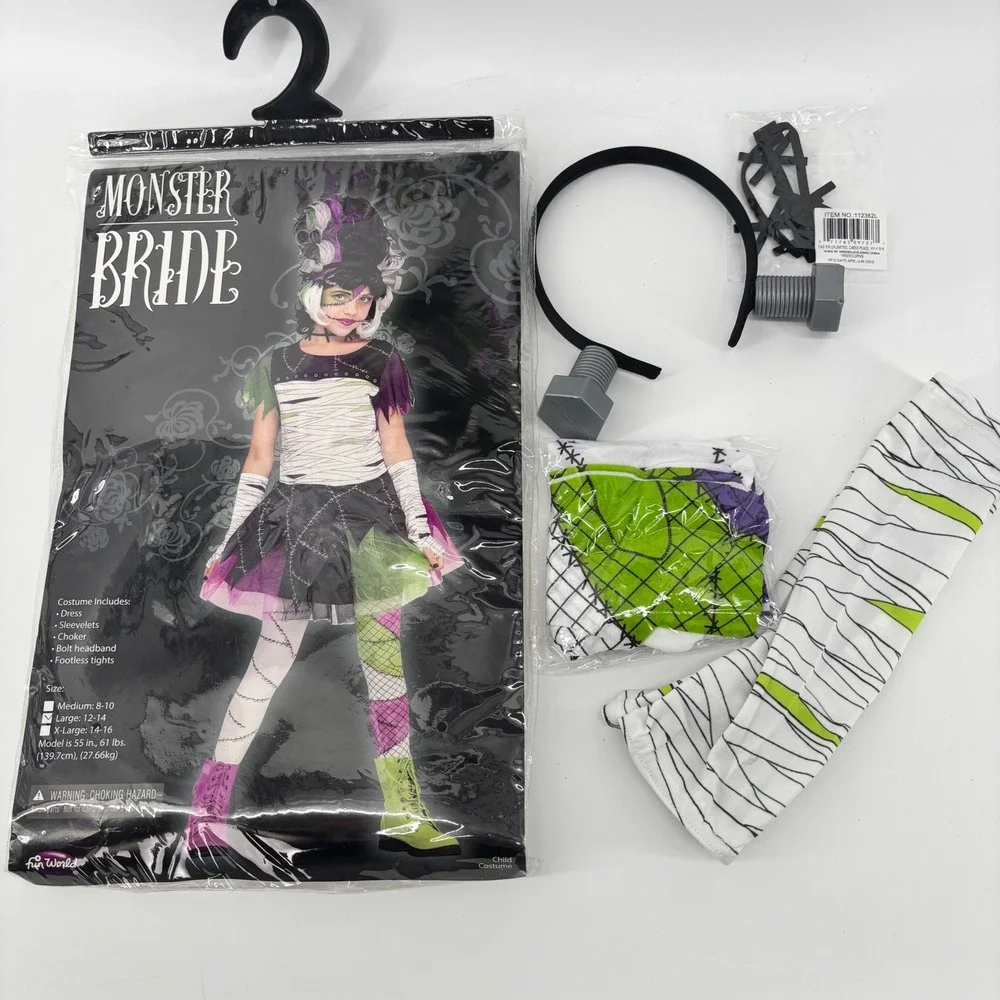 Monster Bride Girls Costume Set Large 12-14 Black Green Purple 5pc Fun World